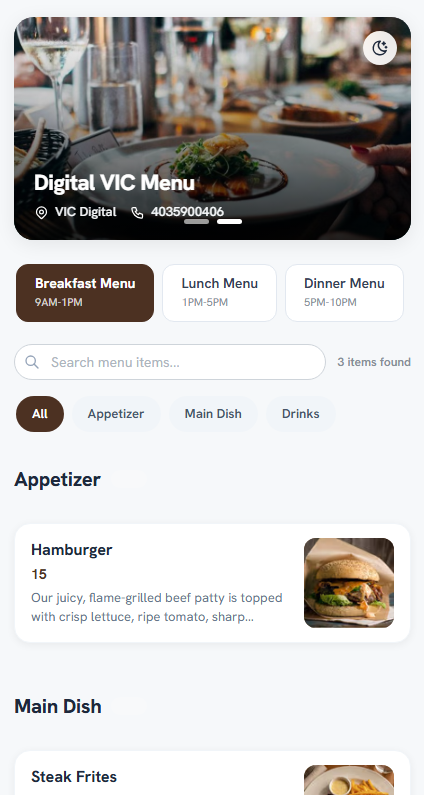 Digital Menu Interface