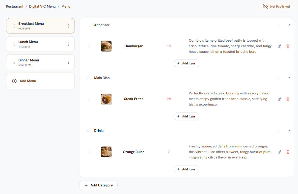 Digital Menu Dashboard